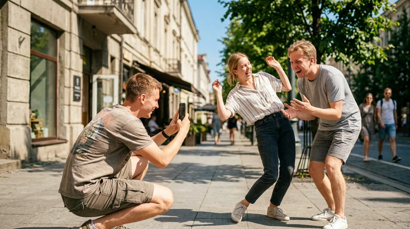 Vaikinas tupėdamas fotografuoja telefonu draugus, atliekančius foto medžioklės užduotį gatvėje