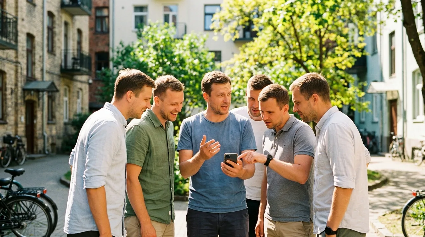 Vyrų kompanija kieme susispietusi prie telefono su žaidimo užduotimi