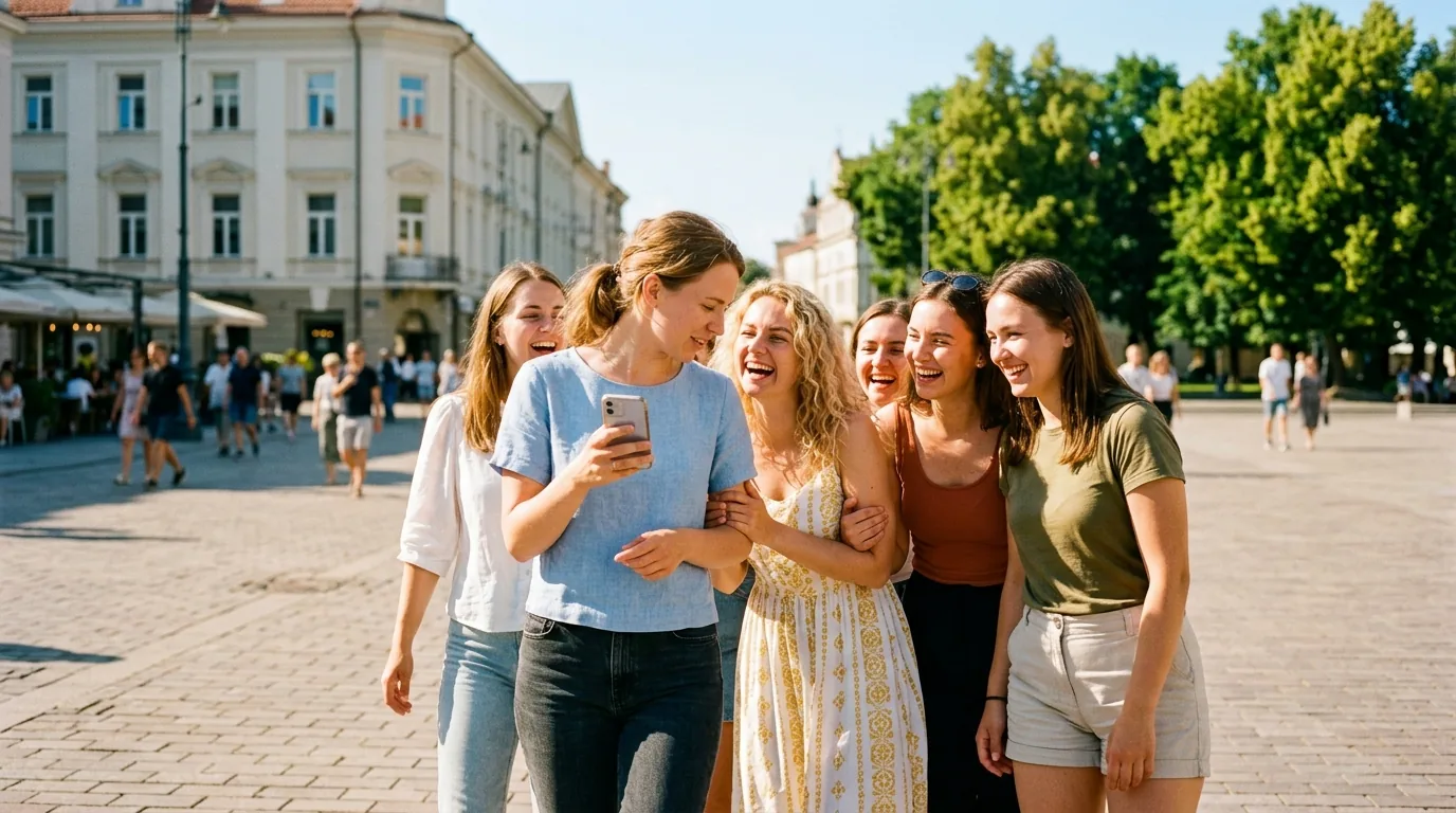 Merginų kompanija mieste juokiasi žiūrėdama į telefoną su žaidimo užduotimi
